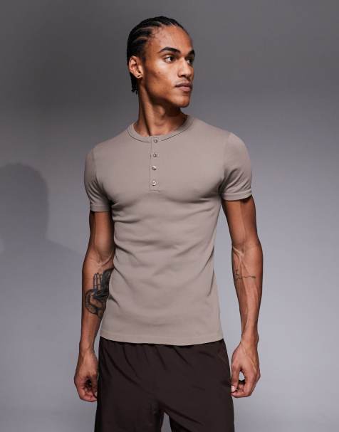 4505 seamless rib slim fit henley t-shirt in stone