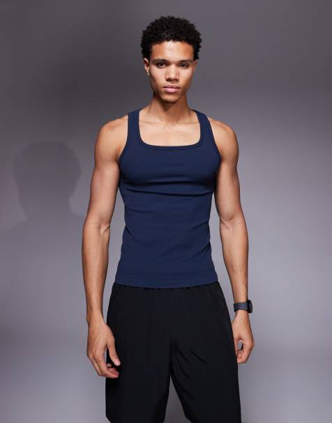 4505 seamless rib slim fit square neck tank top in navy - view 1