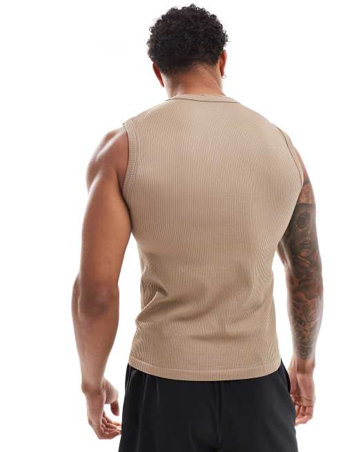 4505 Seamless ribbed muscle fit training tank top in taupe gray 