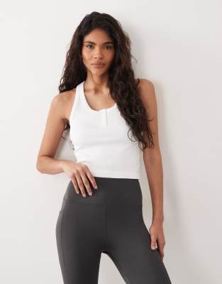 4505 Seamless Ribbed Scoop Neck Henley Tank Top With Racer Back In White
