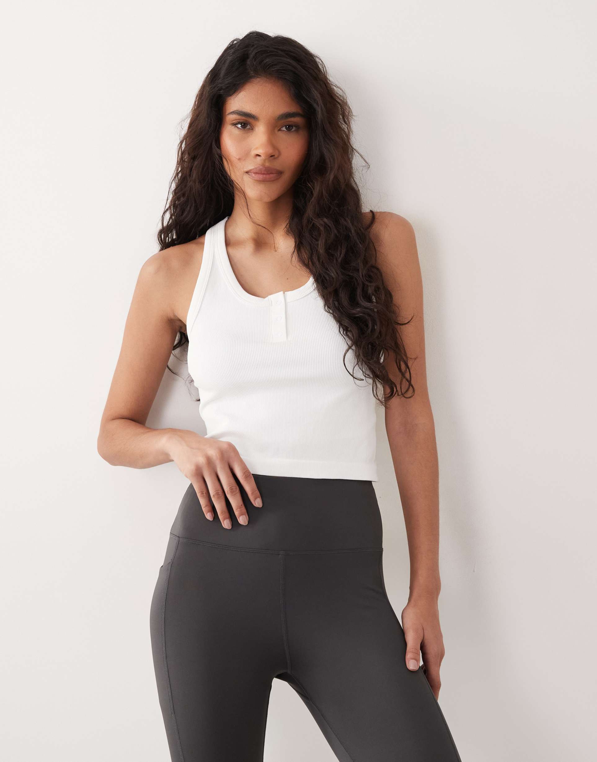 4505 seamless ribbed scoop neck henley tank top with racer back in white