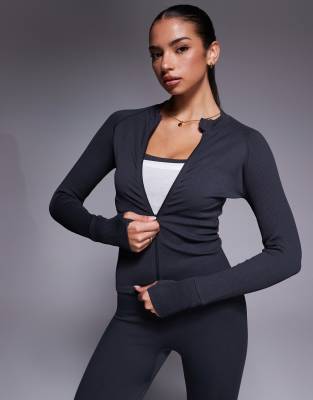 4505 Seamless Sculpting Zip Up Long Sleeve Top In Gray