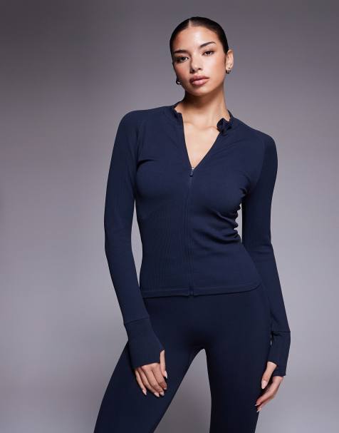 4505 seamless sculpting zip-up long sleeve top in indigo - view 1