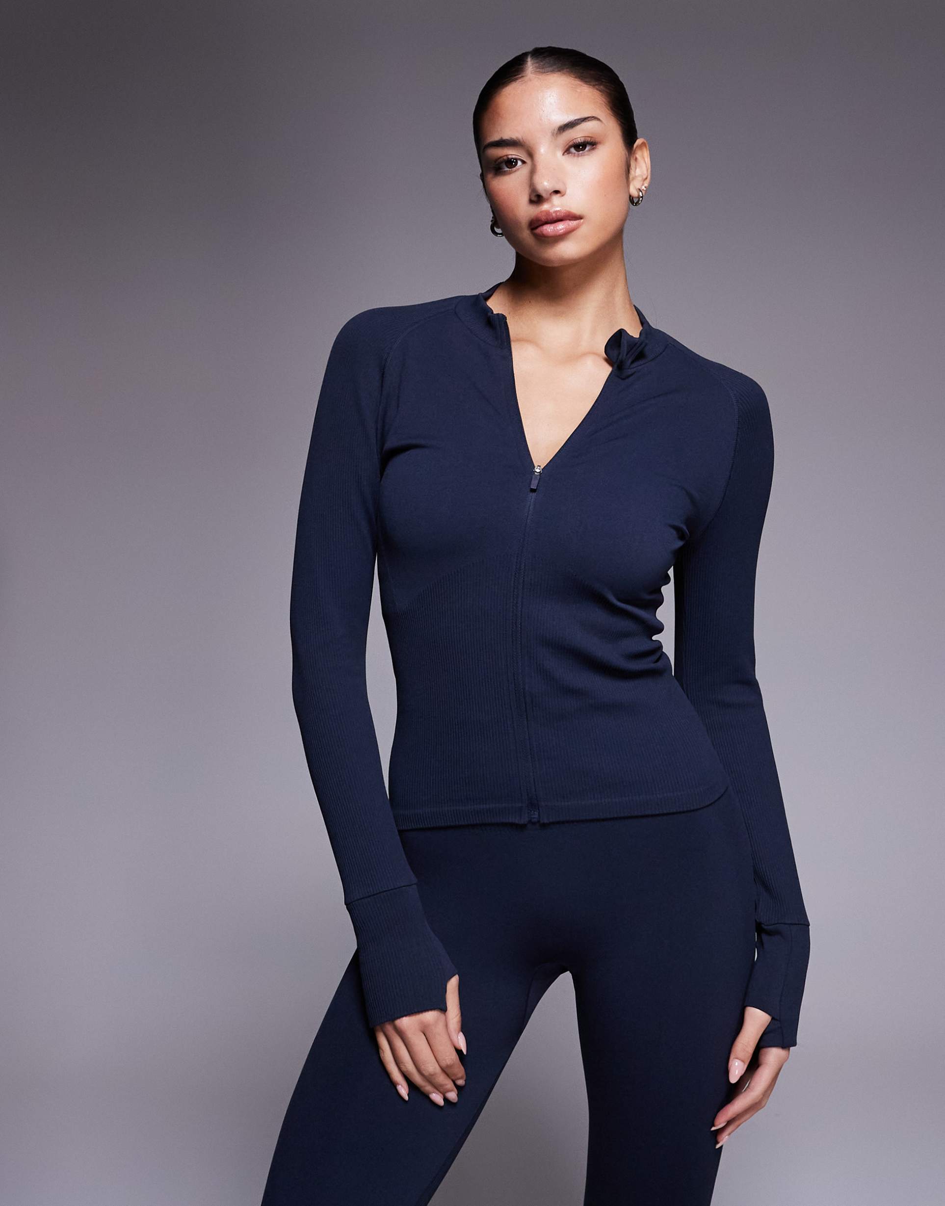 4505 seamless sculpting zip-up long sleeve top in indigo