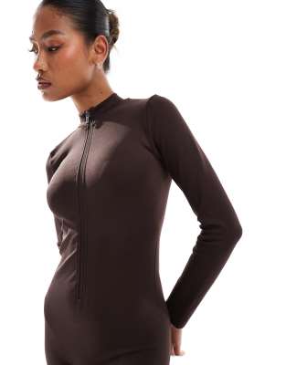 ASOS 4505 seamless zip front all-in-one in bitter chocolate