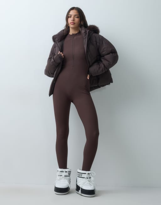 4505 Ski base layer termico a coste con interno felpato, maniche lunghe, tuta intera, marrone cioccolato, 2 di 4