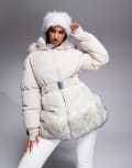 [ASOS] 4505 Ski belted puffer ski jacket with faux fur trim in cream-White 4 Cream