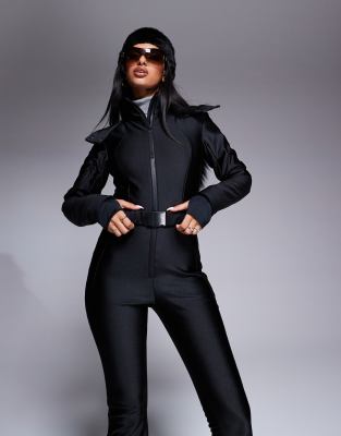ASOS 4505 Ski belted ski suit with slim kick leg and faux fur hood in black gloss