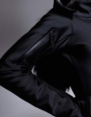 ASOS 4505 Ski belted ski suit with slim kick leg and faux fur hood in black gloss