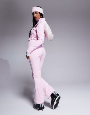 ASOS 4505 Ski belted ski suit with slim kick leg and faux fur hood in Pink