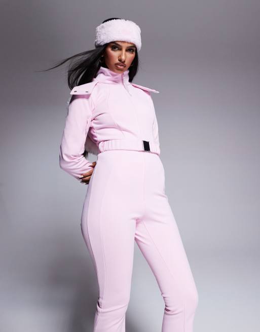 ASOS 4505 Ski belted ski suit with slim kick leg and faux fur hood in Pink