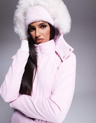 ASOS 4505 Ski belted ski suit with slim kick leg and faux fur hood in Pink