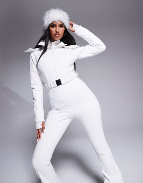 4505 Ski belted ski suit with slim kick leg and faux fur hood in white - view 1