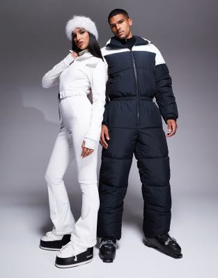 ASOS 4505 Ski belted ski suit with slim kick leg and faux fur hood in white