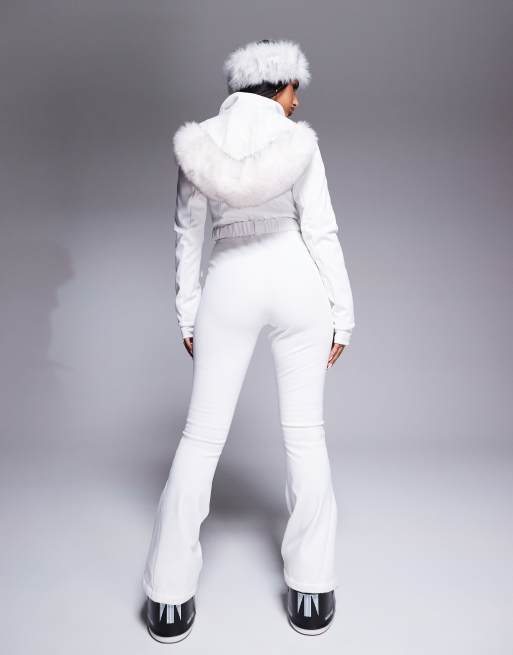 ASOS 4505 Ski belted ski suit with slim kick leg and faux fur hood in white