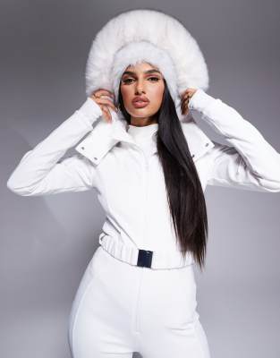 ASOS 4505 Ski belted ski suit with slim kick leg and faux fur hood in white
