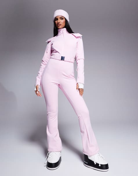 4505 Ski belted ski suit with slim kick legs and faux fur hood in pink - view 1