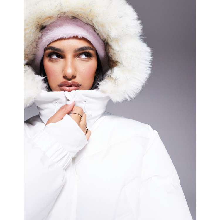ESMOK fur pocket blouson ホワイト 4505 Ski cropped insulated ski bomber jacket with faux fur hood in