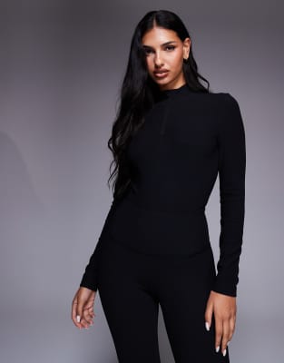 4505 - Ski - Gerippter Baselayer-Body in Schwarz mit Fleece-Rückseite und Thermobehandlung