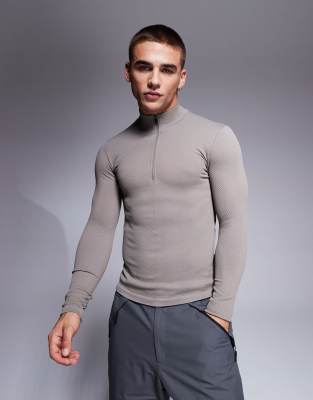 ASOS 4505 Ski & Snow 4505 Ski seamless thermal base layer 1/4 zip top in clay-Neutral