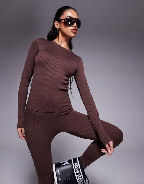 4505 Ski seamless thermal base layer crew neck top in brown  - view 1