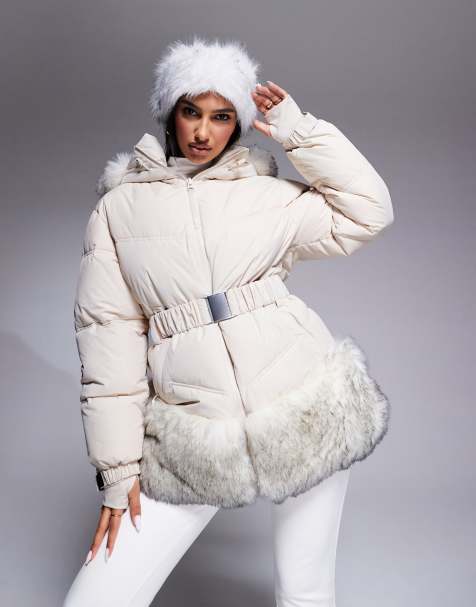 4505 – Ski – Ski-Pufferjacke in Creme mit Gürtel und Kunstpelzbesatz - view 1