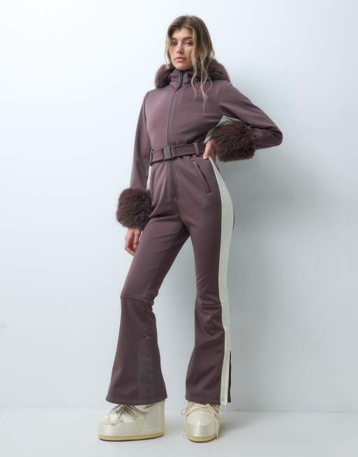 4505 Ski softshell-skidragt med bælte, sidetribe og imiteret pelskant i raisin, 3 af 4