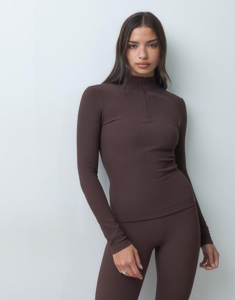4505 ski thermische fleece basislaag met lange mouwen en kwartrits in donkerbruin - view 1