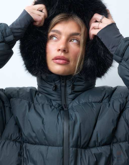 4505 ski vandafvisende foret ski-puffer med hætte med imiteret pels i sort, 3 af 4