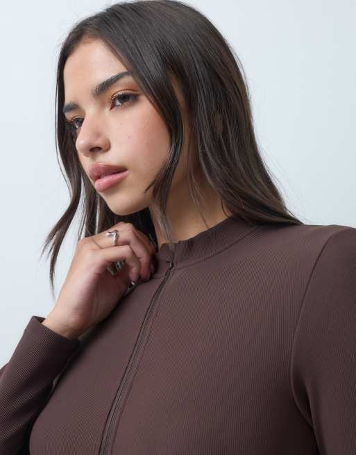 4505 Ski wärmender gerippter Baselayer mit Fleece-Rückseite, langärmelig, Einteiler in Schokobraun, 3 von 4