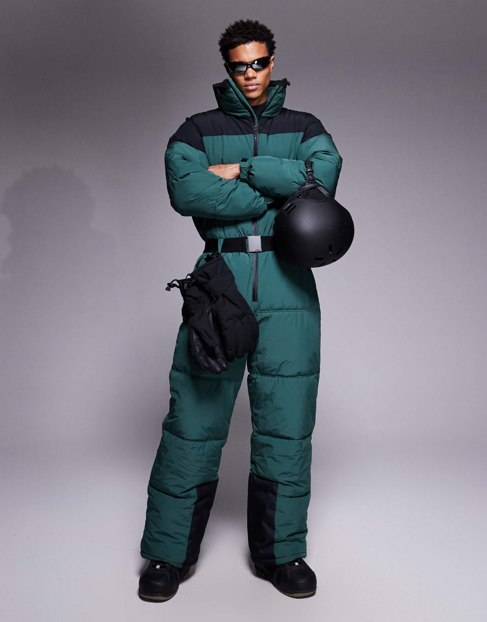 4505 Лыжный водоотталкивающий утепленный лыжный костюм-фугу черного и зеленого цветов