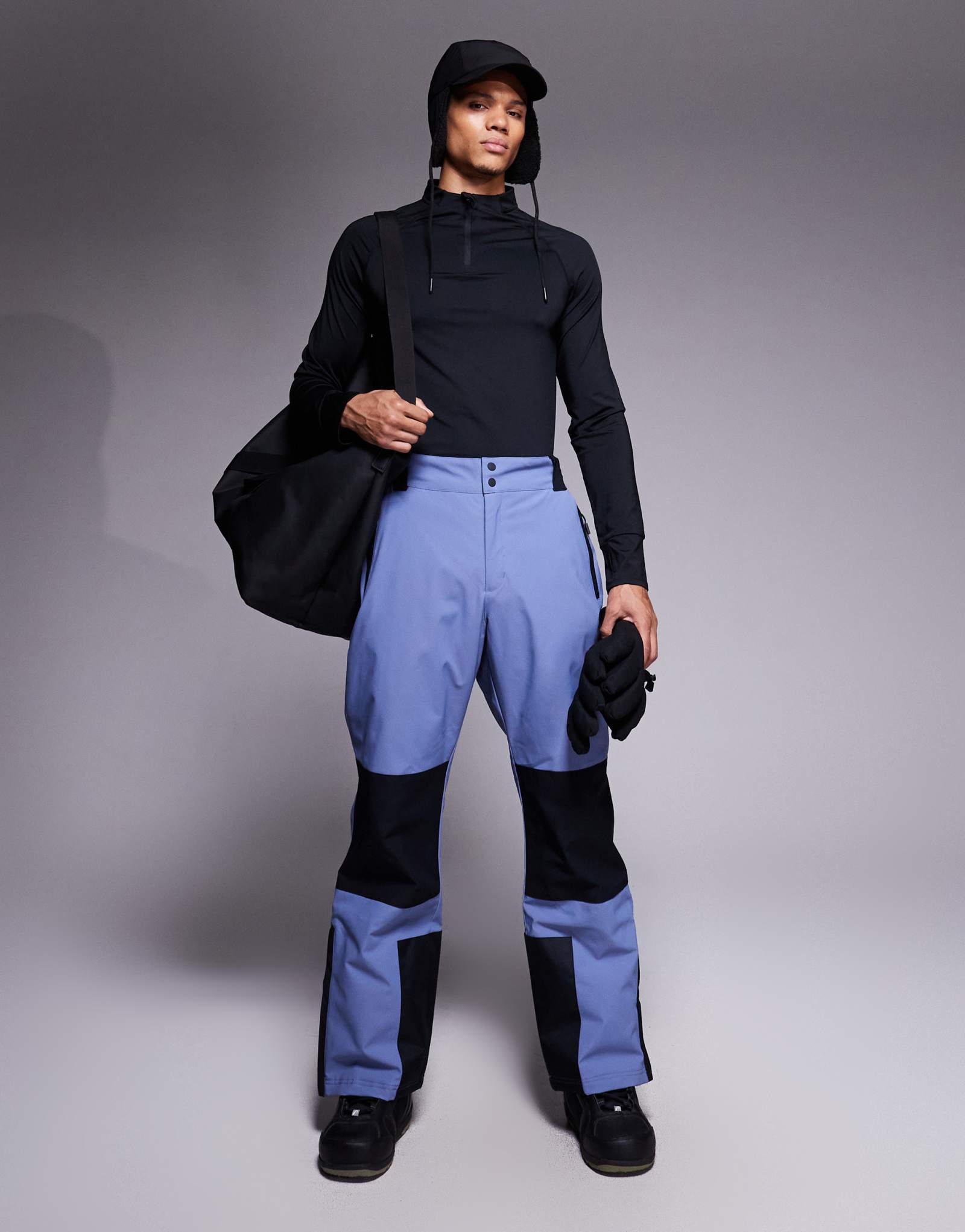 4505 Лыжные водоотталкивающие лыжные брюки прямого кроя черного и светло-голубого цветов