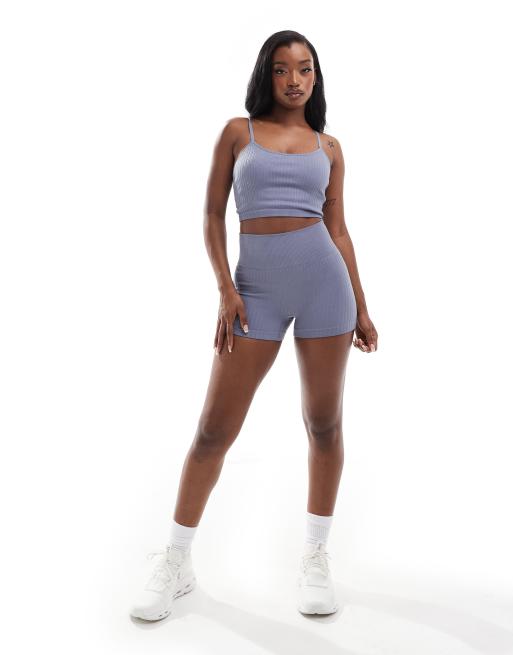 4505 - Skiferblå sømløse 8-cm-booty-shorts med høj talje i dobbelt ribstrik , 3 af 5