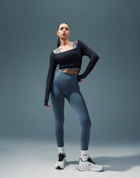 4505 – Skiffergrå gymleggings i seamless-design med bred, hög midja - view 1