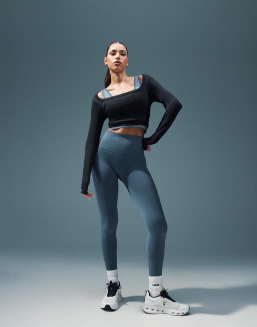 4505 – Skiffergrå gymleggings i seamless-design med bred, hög midja 