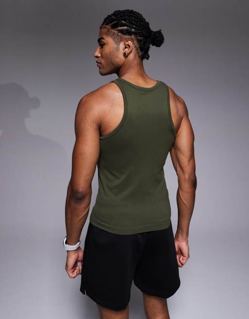 4505 - Slim-fit geribbeld naadloos trainingshemdje met vierkante hals in kaki, 3 van 5