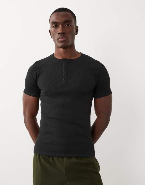 4505 sømløs ribbet tætsiddende trænings-Henley T-shirt i sort - view 1