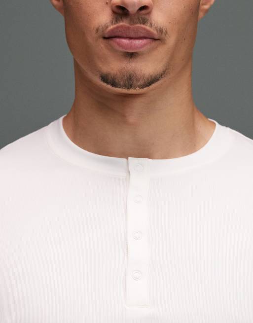 4505 - Sneldrogende geribbelde Henley-top met lange mouwen en slim-fit pasvorm in gebroken wit, 2 van 5
