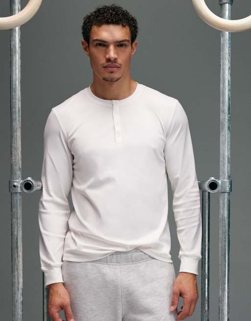 4505 - Sneldrogende geribbelde Henley-top met lange mouwen en slim-fit pasvorm in gebroken wit, 3 van 5