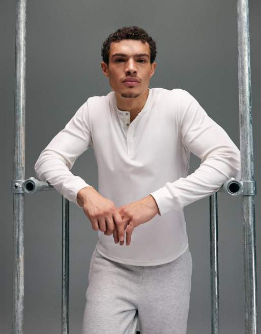 4505 - Sneldrogende geribbelde Henley-top met lange mouwen en slim-fit pasvorm in gebroken wit, 5 van 5