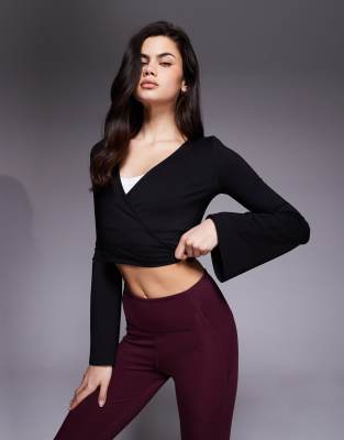 4505 Soft Touch Ballet Inspired Flared Sleeves Wrap Top In Black