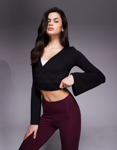 4505 soft touch ballet inspired flared sleeves wrap top in black - view 1