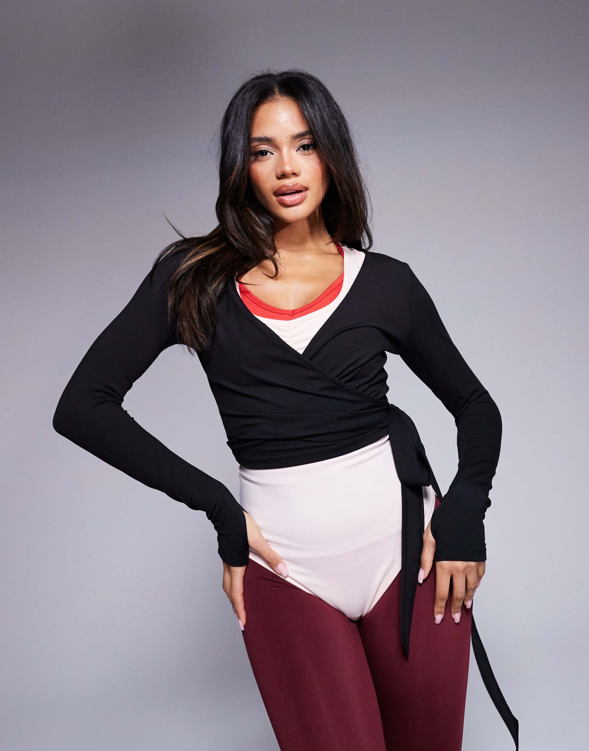 4505 soft touch ballet inspired wrap long sleeve top in black