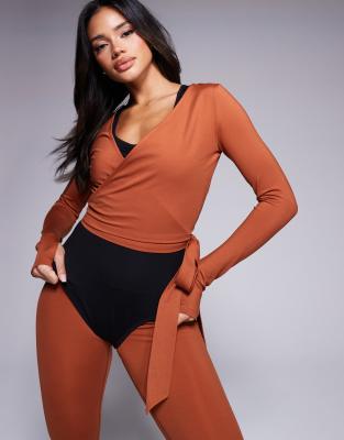 4505 soft touch ballet inspired wrap long sleeve top in gingerbread-Brown