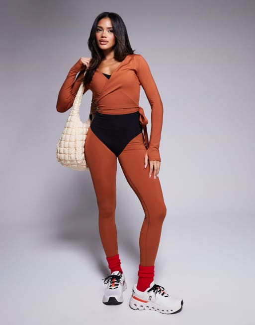 4505 soft touch ballet inspired wrap long sleeve top in gingerbread 