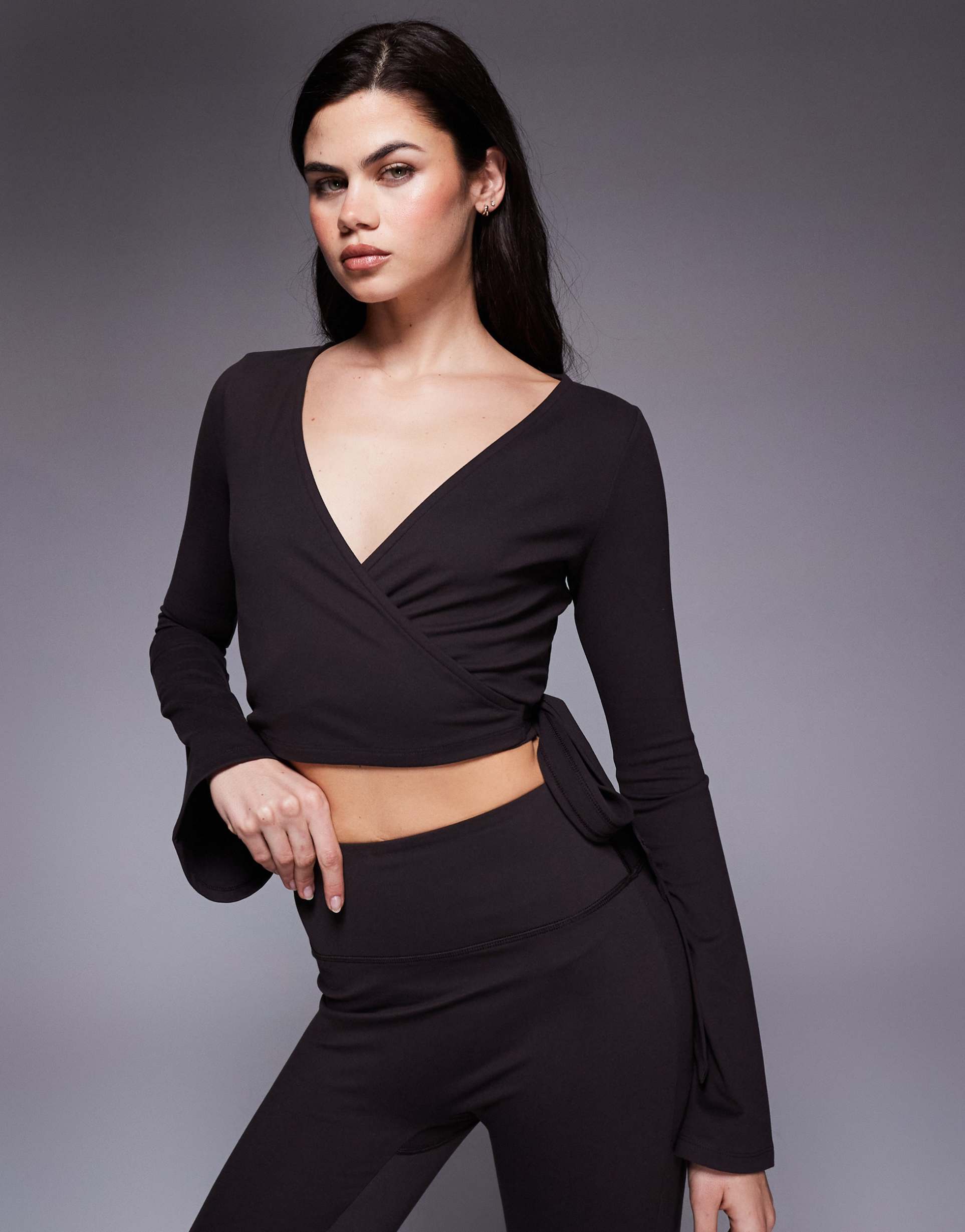 4505 soft touch ballet wrap flared sleeve top in dark chocolate