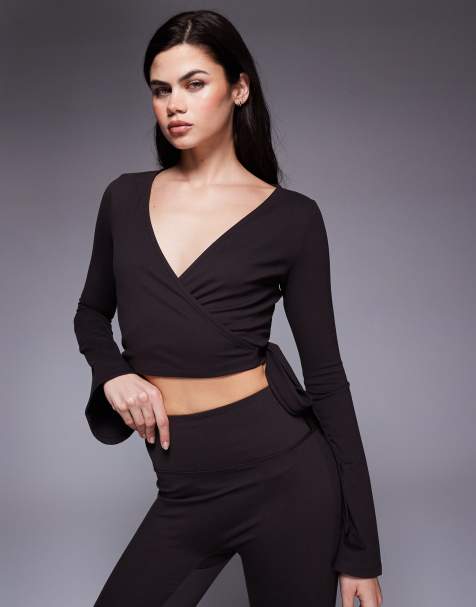 4505 soft touch ballet wrap flared sleeve top in dark chocolate