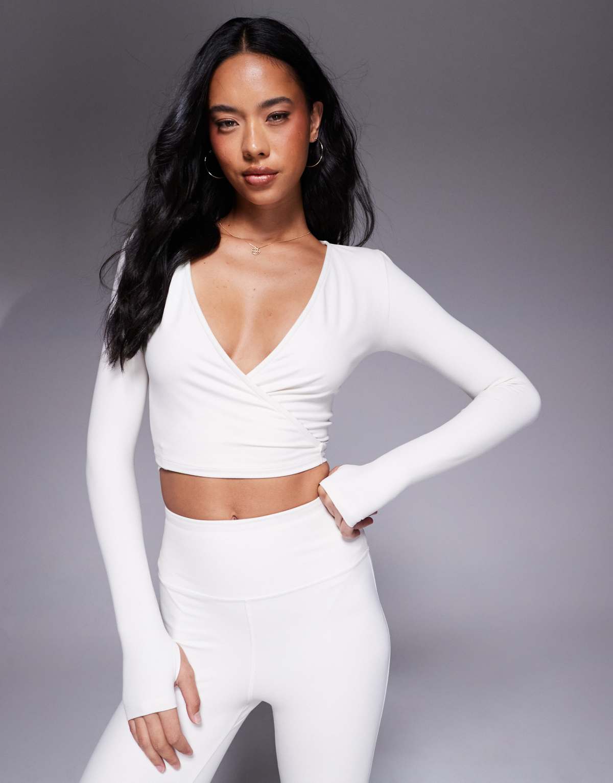 4505 soft touch ballet wrap long sleeve top in buttermilk