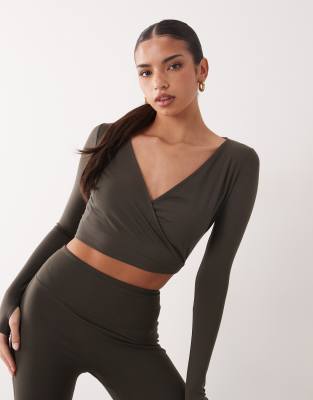 4505 soft touch ballet wrap long sleeve top in mocha - BROWN