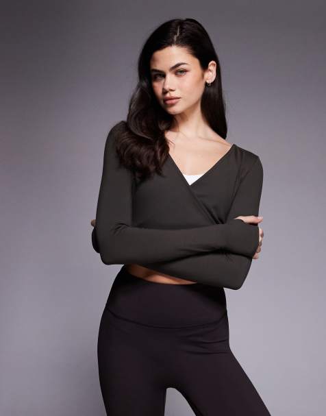 4505 soft touch ballet wrap long sleeve top in mocha - view 1